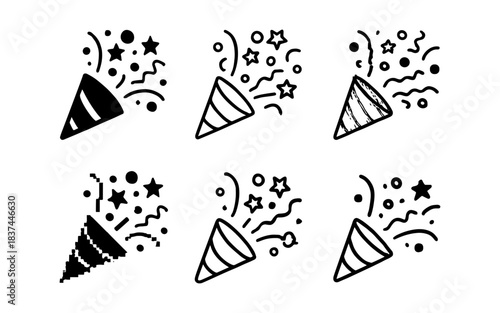 Set of six festive party poppers in various hand-drawn styles