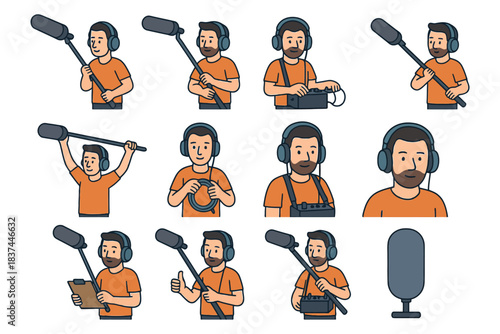 Cartoon sound technician with boom microphone and headphones in various poses.
