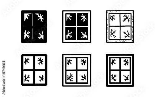 Grunge style bird footprints icons on different window panes
