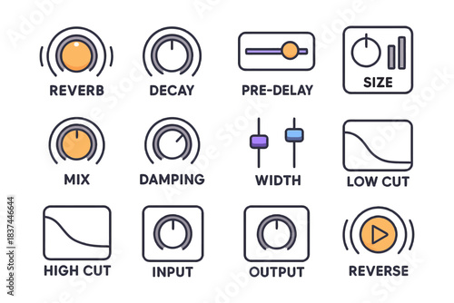 Audio effects interface with reverb, decay, and equalizer controls in icon style.