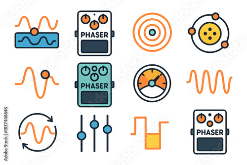 Colorful audio equipment icons including phaser, waveform, and sound control designs.