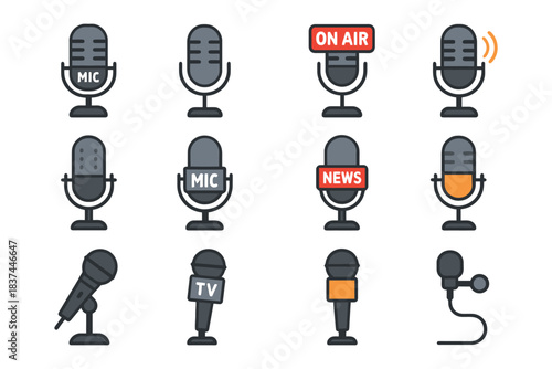 Diverse microphone icons for broadcasting and recording.