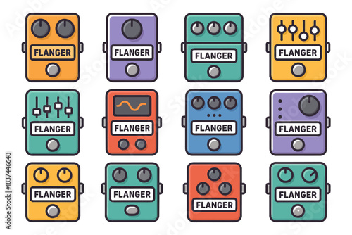 Colorful flanger guitar pedals set with various knob configurations.