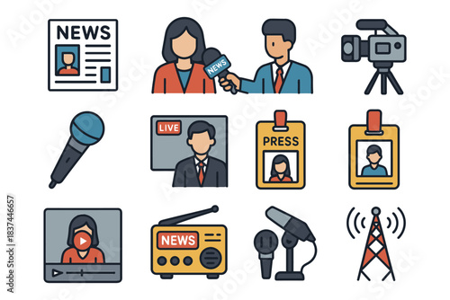 Journalism and media icons: reporters, microphone, news camera, press badges.