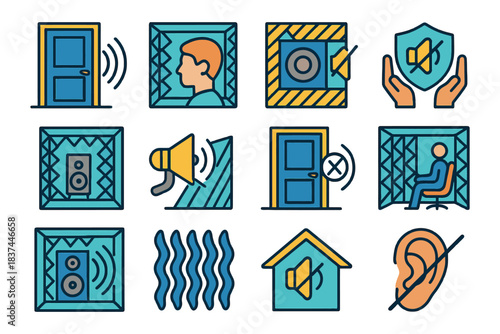 Acoustic symbols representing soundproofing and noise control concepts.