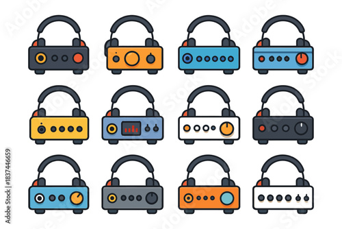Collection of colorful headphones amplifiers icons in various designs.