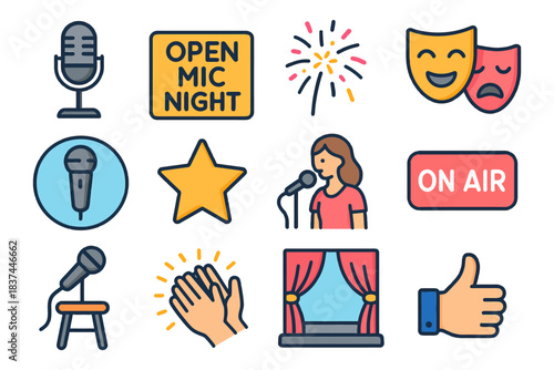 Open mic night icons: microphone, stage, female performer, comedy tragedy masks, applause.