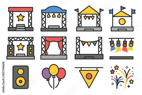 Festival stage and decoration icons vector set with colorful elements.