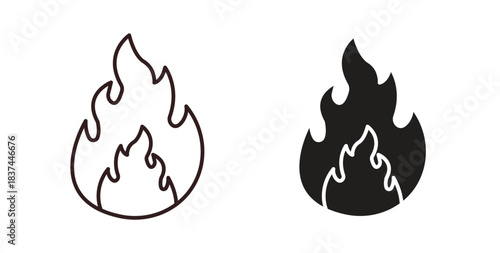 Fire icons design is in black and white, line stock illustration