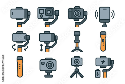 Collection of camera and gimbal icons with tripods and smartphone stabilizers.