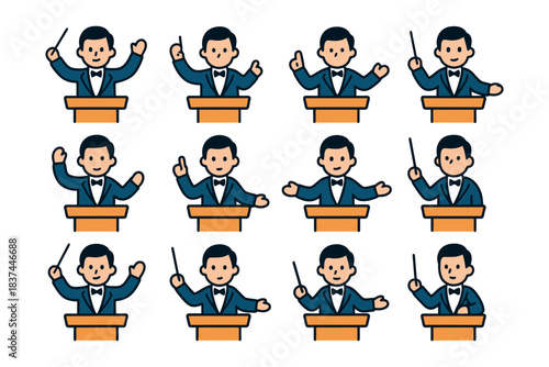 Animated cartoon conductors with various gestures at podiums.