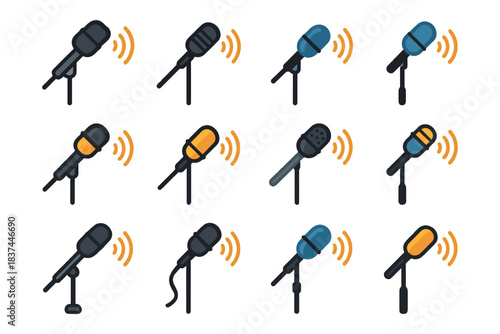 Collection of colorful microphone icons with sound waves.