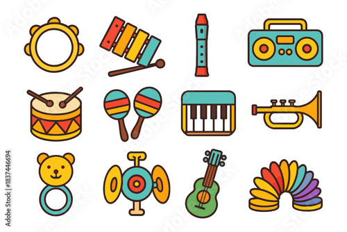 Colorful assortment of musical instruments icons for children.