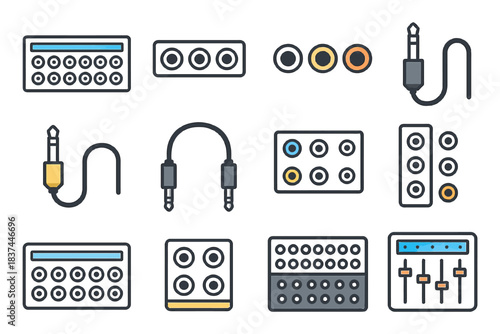 Audio equipment icons set: connectors, jacks, cables, and mixers.
