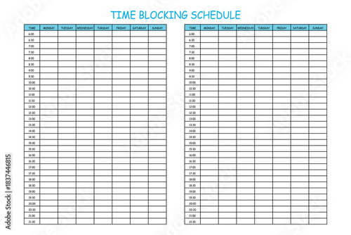 24 Hourly Weekly Schedule - Monday Start. Mockup for daily scheduling and time management. 30-minute increment hourly planner templates. Time Planner.