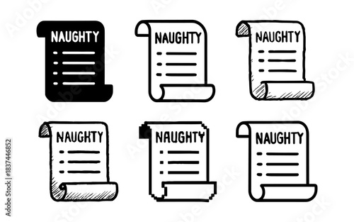 Variety of naughty list scroll designs in different art styles including sketch and pixel
