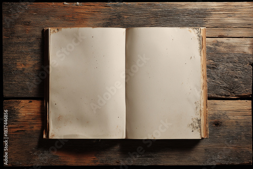 Blank antique book resting on a reclaimed, artistically painted wooden table
