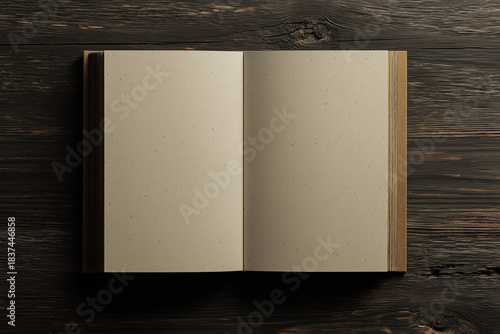 Flat lay of a vintage book opened to blank, yellowed sheets atop a rustic painted wood background