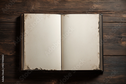 Timeworn journal with empty pages displayed on a shabby chic painted wooden surface