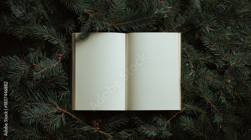 Open Blank Book on Pine Branches