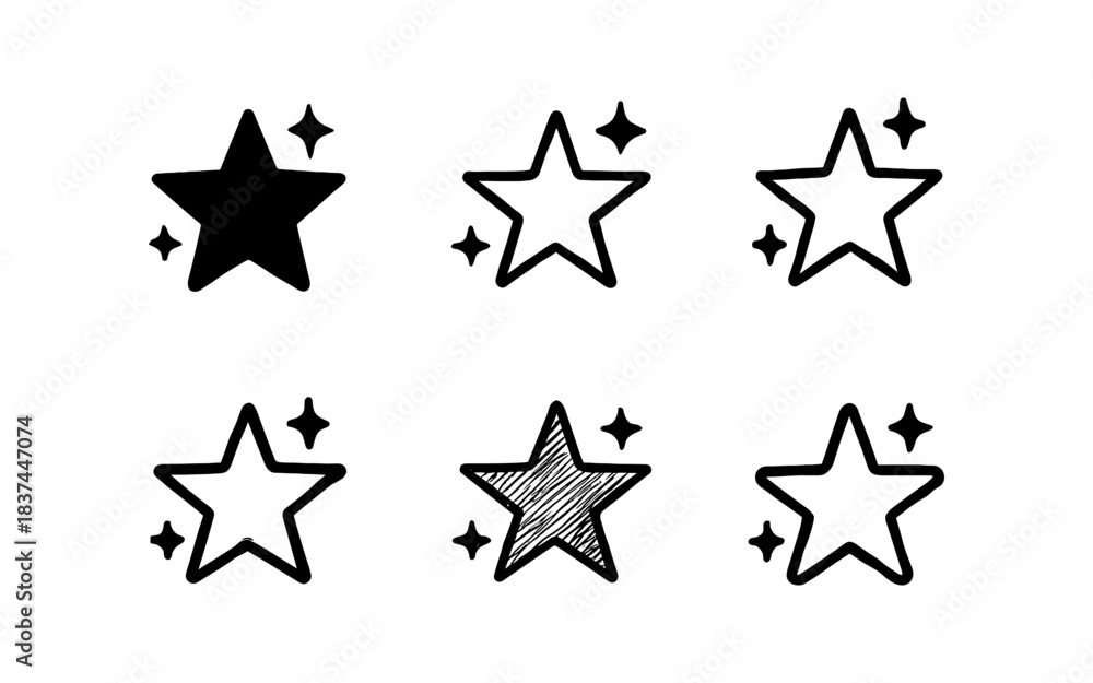 Fototapeta premium Hand drawn star icons set with sketch and outline designs