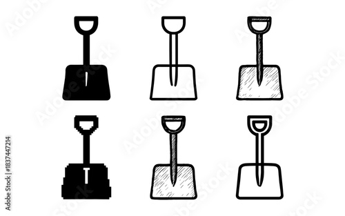 Set of shovel icons in hand drawn and silhouette styles for gardening and construction