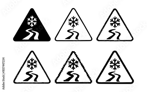 Diverse winter road warning signs: silhouette, grunge, and pixel art styles
