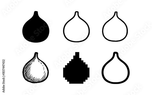 Set of fig icons: silhouette, linear, pixel, sketch, and outline styles for design
