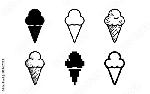 Ice cream cone variations in silhouette and sketch styles