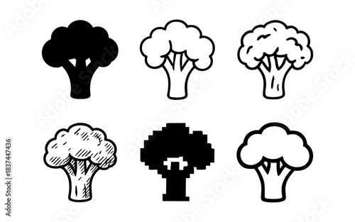 Diverse broccoli icons: silhouette, outline, and pixel art variations for modern design