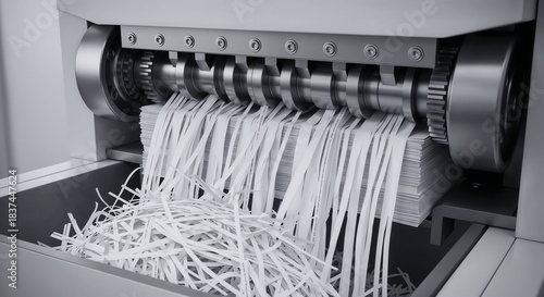 Paper shredder in action with shredded documents spilling out. Shredded documents pouring out of a paper shredder that's currently in action.  