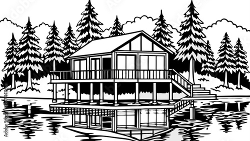 Very beautiful modern wooden house stands on stilts above tranquil lake waters, embraced by lush surrounding forest. A serene getaway blending natural beauty, peaceful reflections, and contemporary 