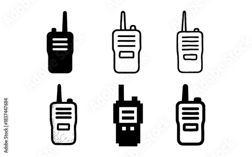 Set of walkie talkie icons in various styles: silhouette, hand drawn, pixel, outline