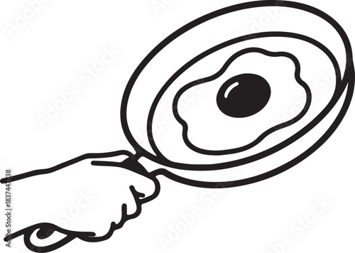 Hand holding a frying pan with a single fried egg, depicting a simple breakfast meal preparation in monochrome line art style.