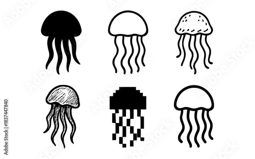 Diverse jellyfish designs in various artistic styles on white background