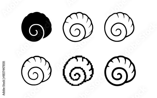 Set of nautilus shell spiral designs in various artistic styles