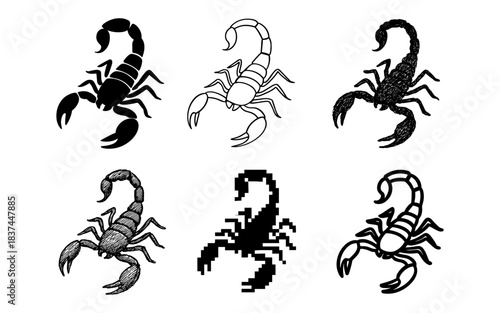 Diverse scorpion designs: silhouette, line art, pixel, and sketch variations