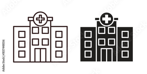 Hospital icons design is in black and white, line stock illustration