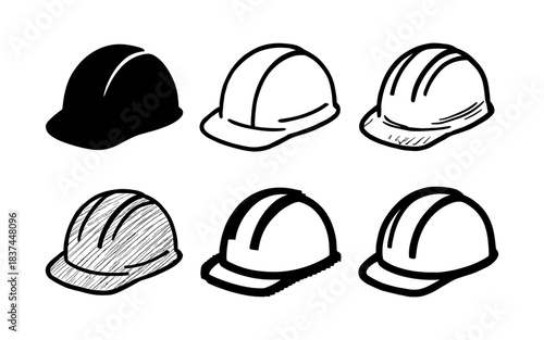 Collection of hand-drawn safety helmets in varied styles