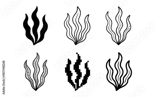 Stylized seaweed icons set: modern black and white illustrations for design