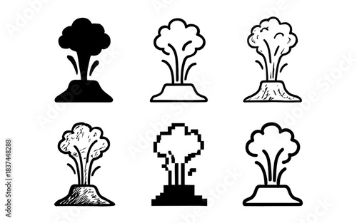 Diverse volcano eruption designs in various artistic styles