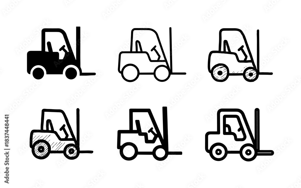 Fototapeta premium Hand-drawn forklift icons set in various styles for industrial designs