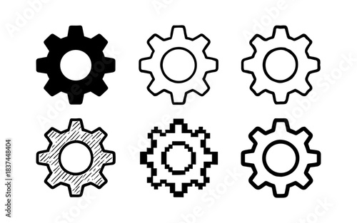 Collection of gear icons in various styles: outline, pixel, grunge