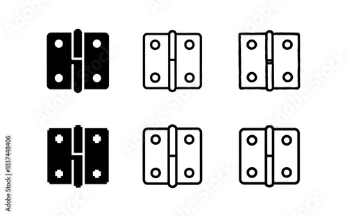 Set of six door hinge icons in minimalist linear and outline styles