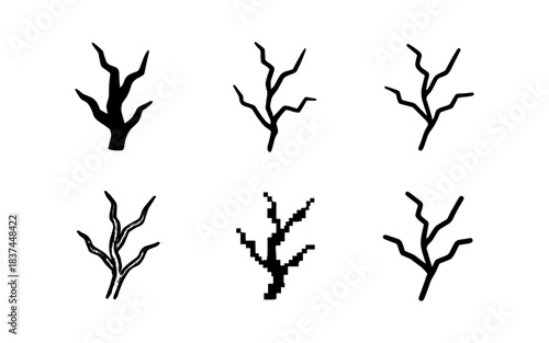 Abstract tree branch set: minimalistic black branches in various artistic styles