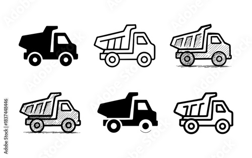 Minimalist set of dump truck icons in various outline styles