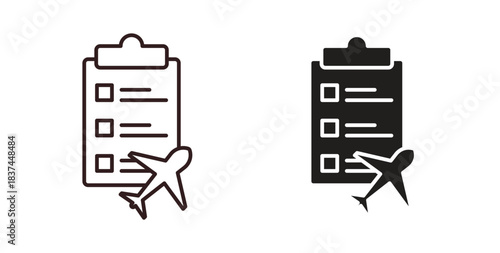 Itinerary icons design is in black and white, line stock illustration