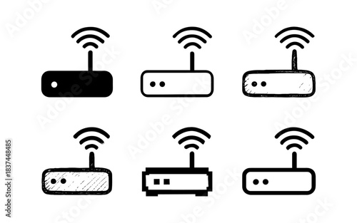 Set of six wi-fi router icons in various styles on white background