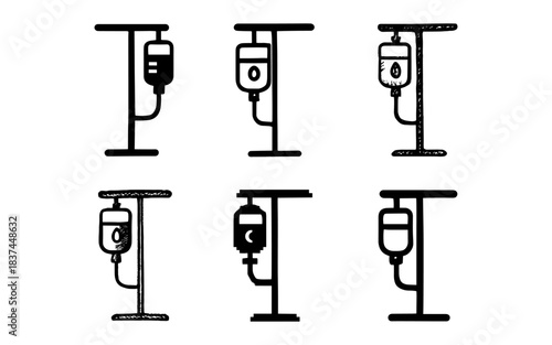 Medical infusion drip set: six unique hand drawn sketch styles