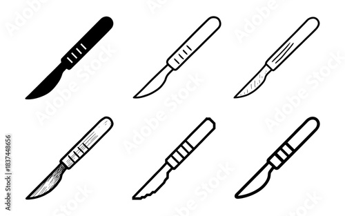Set of surgical scalpel icons in various styles: silhouette, outline, and sketch